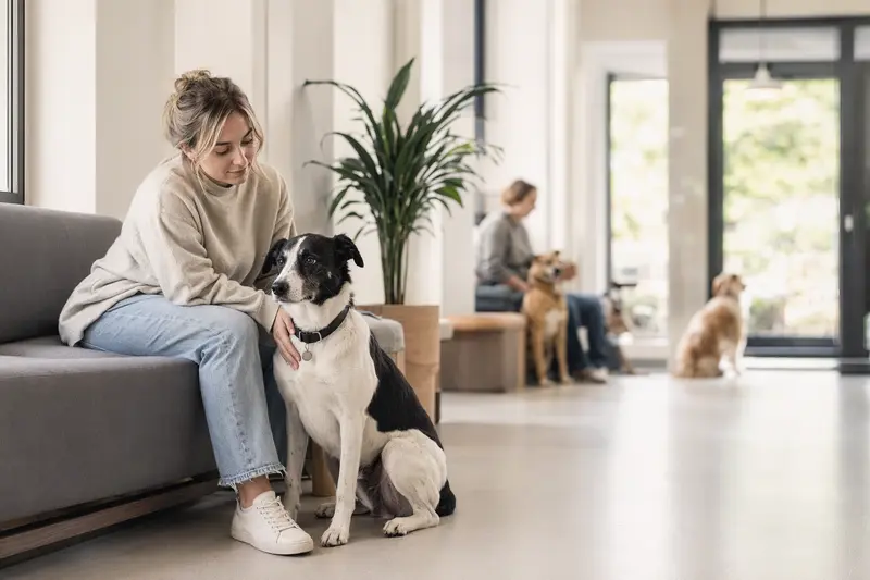 Ein Francais blanc et noir Hund sitzt ruhig neben seinem Besitzer im hellen Wartezimmer einer modernen Tierarztpraxis.